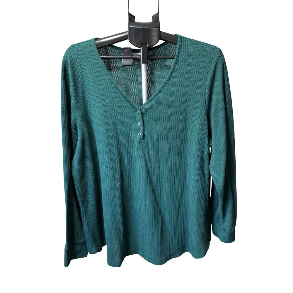 Maurices Waffle Knit Heartland Henley Tee Long Sleeve Blue Green Teal 1X